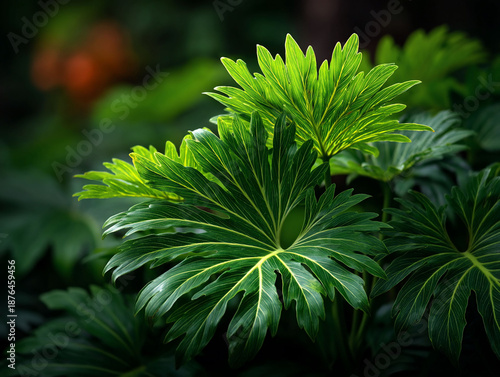 Lush Green Philodendron Plant with Large, Textured Leaves.