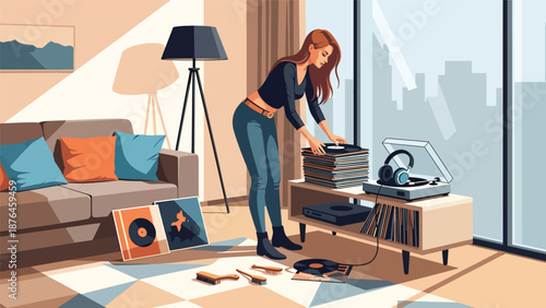 Vector illustration of a young woman organizing vinyl records and music accessories at home, music collection hobby lifestyle concept