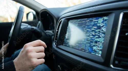 Cybersecurity Threat Landscape concept. Hand interacting with a high-tech car dashboard display.