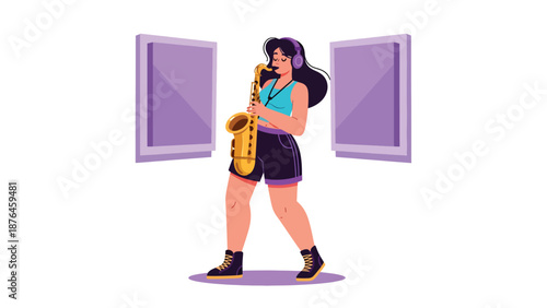 Flat vector illustration of a young woman practicing saxophone in a rehearsal room, focused music hobby and creative lifestyle concept