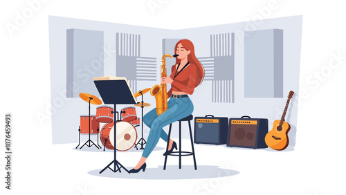 Flat vector illustration of a young woman practicing saxophone in a rehearsal room, focused music hobby and creative lifestyle concept