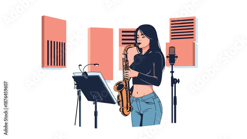 Flat vector illustration of a young woman practicing saxophone in a rehearsal room, focused music hobby and creative lifestyle concept