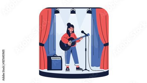 Flat vector illustration of a young woman practicing music performance alone on a small indoor stage, rehearsal and creative growth concept