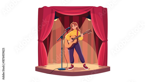 Flat vector illustration of a young woman practicing music performance alone on a small indoor stage, rehearsal and creative growth concept