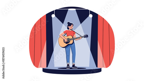 Flat vector illustration of a young woman practicing music performance alone on a small indoor stage, rehearsal and creative growth concept