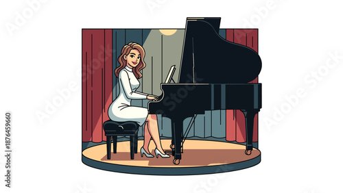 Flat vector illustration of a young woman practicing music performance alone on a small indoor stage, rehearsal and creative growth concept