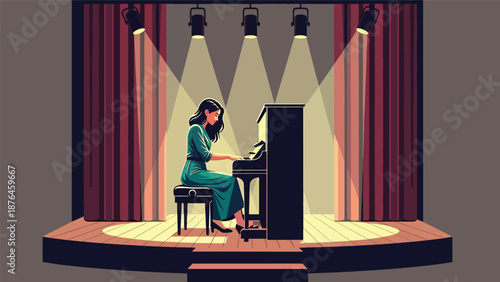 Flat vector illustration of a young woman practicing music performance alone on a small indoor stage, rehearsal and creative growth concept