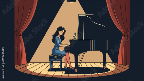 Flat vector illustration of a young woman practicing music performance alone on a small indoor stage, rehearsal and creative growth concept