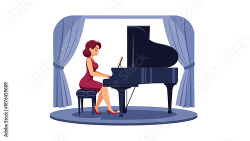 Flat vector illustration of a young woman practicing music performance alone on a small indoor stage, rehearsal and creative growth concept
