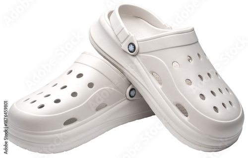 couple of white Crocs Sandals on a white.