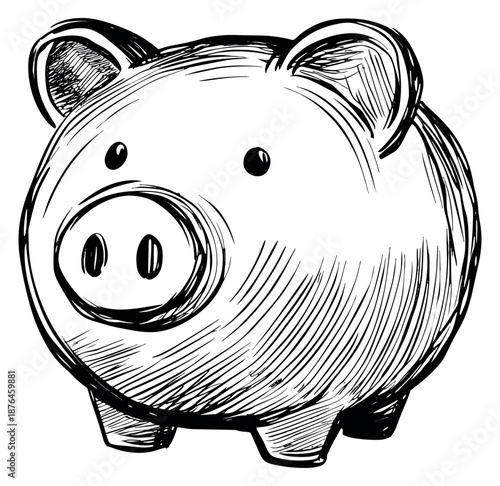 Hand drawn line art illustration of a piggy bank depicting a concept of saving money for finance and investment