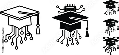 Graduation cap digital education or academic achievement icons. Artificial intelligence digital education, e-learning innovation integration platform silhouette. 