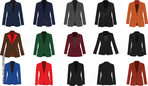Women blazer color variations flat illustration set, tailored formal jackets fashion design collection apparel vector template mockup