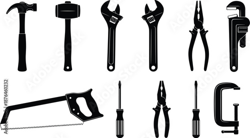 Black silhouette collection of common hand tools including hammer, saw, wrenches, pliers, screwdrivers, clamp, construction and repair icons