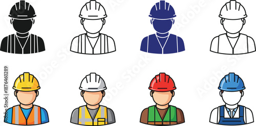 Construction worker icons with helmets and vests in colorful and silhouette styles, representing safety roles, labor professions, occupational design