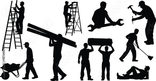 Silhouettes of construction workers performing diverse tasks including climbing, carrying, hammering, sweeping, lifting, resting, industrial labor scene