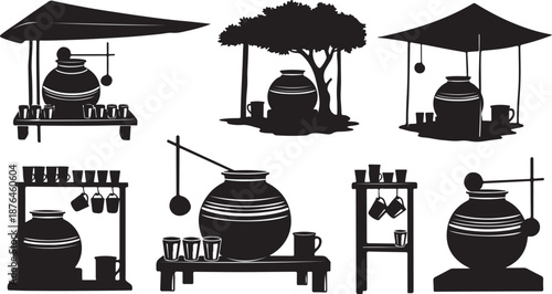 Black Silhouette Vector Illustrations of Clay Pottery Stalls Outdoors
