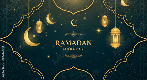 Elegant Ramadan Mubarak Night with Golden Lanterns and Crescent Moons