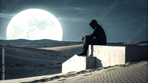 Dark hooded figure sitting alone on cold urban concrete