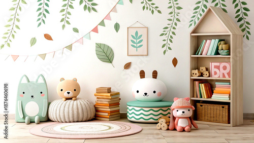 Pastel cute animal toys with books and leaves in cozy room