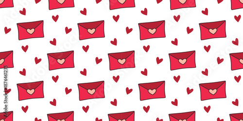 Cute romantic seamless pattern with love letters. White background with envelopes and hearts. Valentines Day and wedding print for textiles, packaging, paper, design, vector graphics