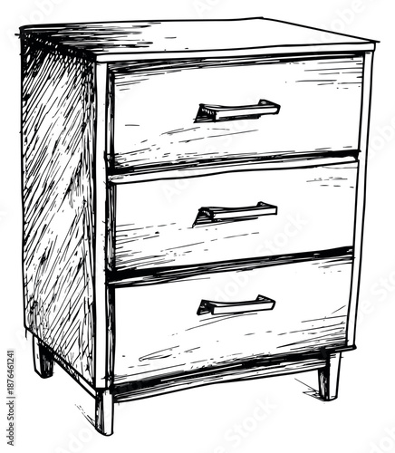 Hand drawn line art illustration of a chest of drawers depicting storage furniture for bedroom or home decor