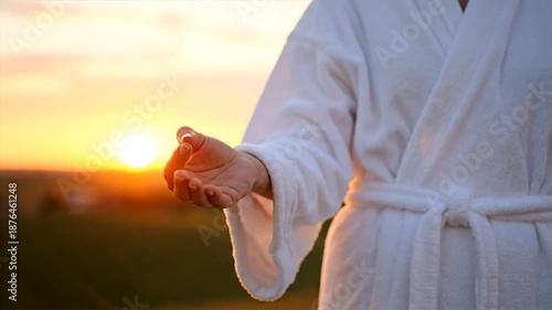 Person in white bathrobe standing outdoors at sunrise or sunset.