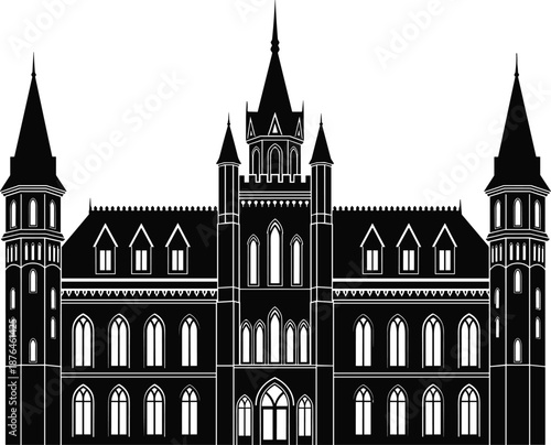 Gothic Castle Architecture Silhouette Illustration, Black and White Medieval Palace Vector, Historic Manor House with Spire Towers and Arched Windows