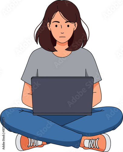 Focused Young Woman Working on Laptop Computer While Sitting Cross Legged wfh