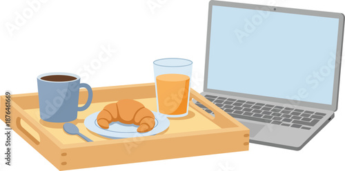 Remote Work Breakfast Setup Laptop with Croissant Coffee and Juice on Serving Tray wfh