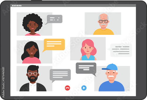 Diverse Group of People in Video Conference Call on Tablet Screen for Remote Meeting and Online Communication wfh