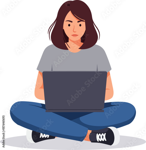 Focused Young Woman Working or Studying on Laptop While Sitting Cross Legged wfh