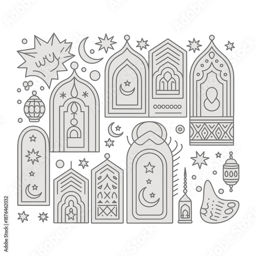 Islamic Geometric Design: A meticulously crafted illustration features a collection of elegant, geometric forms associated with Islamic culture.