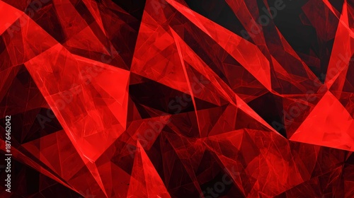Abstract geometric red crystal shapes with triangular facets on dark background