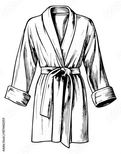 Hand drawn line art illustration of a bathrobe depicting a tied belt for comfort and relaxation