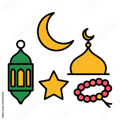 Cultural Symbols: Islamic Icons: An illustrated collection of symbolic elements, including crescent moon, lantern, star, mosque dome, and prayer beads.