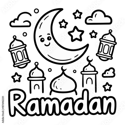 Ramadan Celebration: An illustration captures the essence of Ramadan, featuring the crescent moon, stars, lanterns, and minarets, all intertwined to symbolize the spirit of the season.