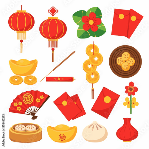 Flat lay illustration of various Chinese New Year decorations and symbols including lanterns, coins, and food on a white background.