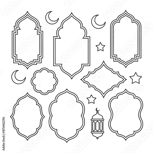 Ornamental Frames and Lanterns for Cultural Celebrations: A collection of intricately designed, line art frames and a lantern. The composition includes crescent moon.