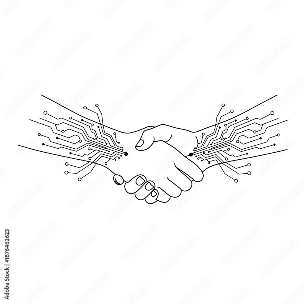 Obraz premium Monochrome graphic of a handshake with digital components and lines symbolizing a secure and advanced technological business alliance