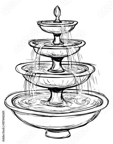 Hand drawn line art illustration of a tiered fountain depicting water flowing for outdoor decoration
