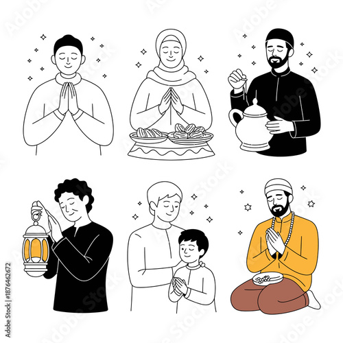 Harmony in Faith: A collection of illustrations depicting Muslim individuals engaged in various acts of worship, prayer, and cultural practices, radiating serenity and spirituality.