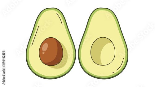 Fresh avocado halves vector illustration, one with pit, one without, representing healthy eating, natural food, and nutrition for diet and wellness concepts