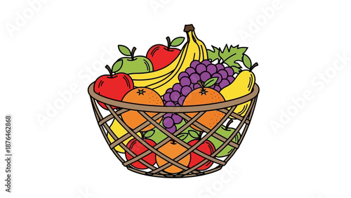 A delightful illustration of a woven basket overflowing with a vibrant assortment of fresh, healthy fruits, perfect for healthy eating and nutrition concepts