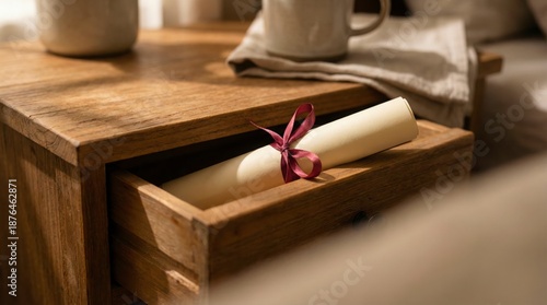 Celebration of Success: Graduation Scroll Tied with Ribbon in Wooden Drawer