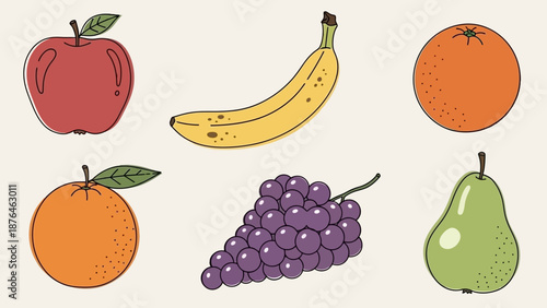 Vibrant and fresh collection of outlined fruit illustrations, including a ripe apple, yellow banana, sweet orange, purple grapes, and green pear, perfect for promoting healthy eating and natural diets