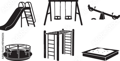 Playground equipment for kids in black and white icons