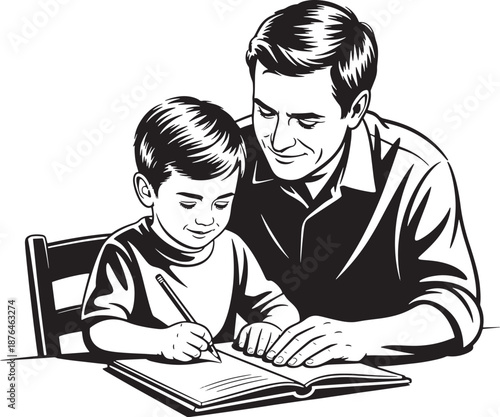 A man and a child reading a book together at a table