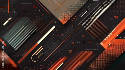 Abstract geometric technology composition with diagonal orange and black shapes and lines