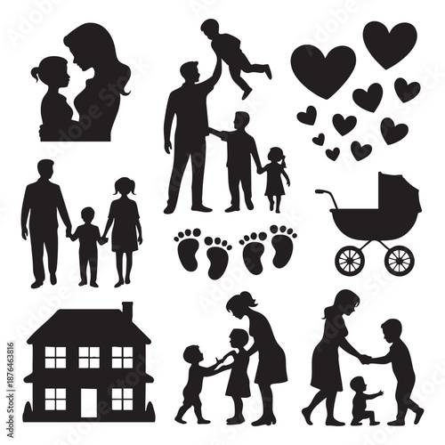 Black silhouettes of families hearts house stroller and footprints family white